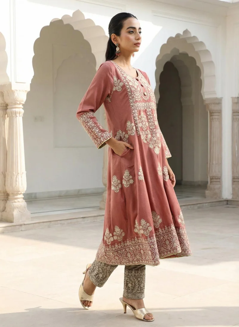 ISHIN  Rich Pink Vichitra Embroidered A Line Kurta sets with dupatta for Women | Best Price UAE